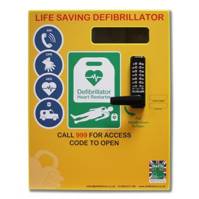 Stainless steel defibrillator cabinet with keypad lock, heater and LED light