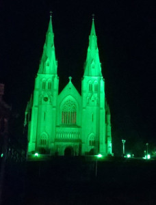 Armagh Cathedral lit up green for St Patrick's Day