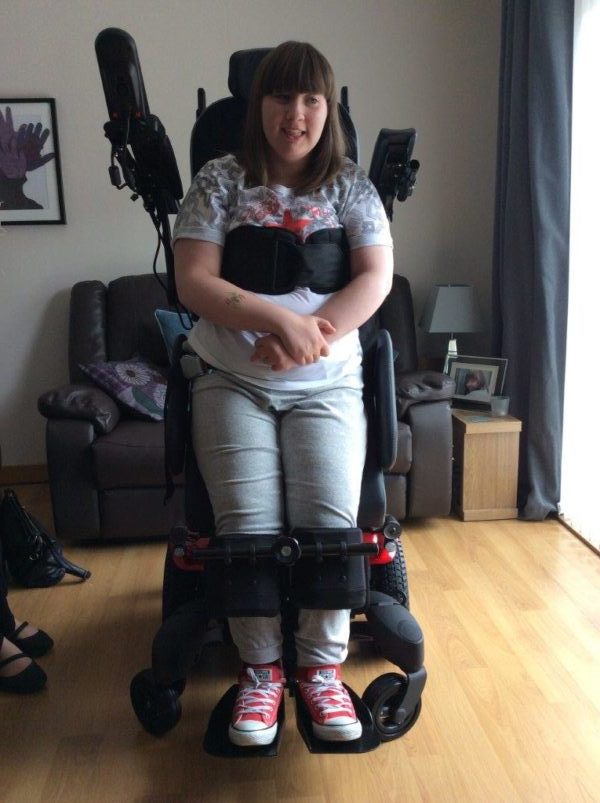 Happy customer Lauren Innes gets her new Jive Up electric standing wheelchair