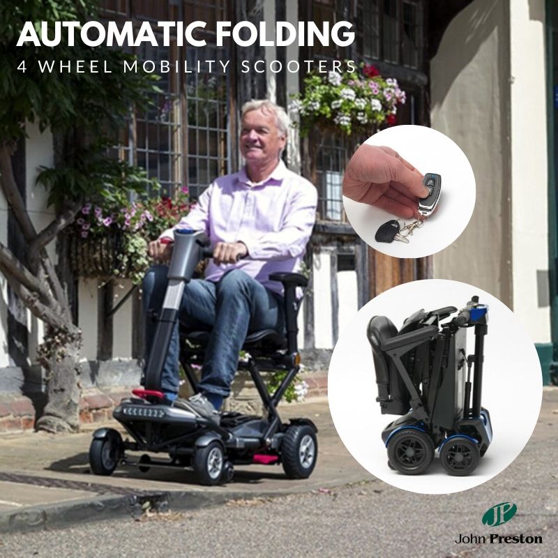 Lightweight four wheel automatic folding mobility scooters - Mobie, Smarti, Minimo Autofold, The Foldy Pro and Knight Electrofold